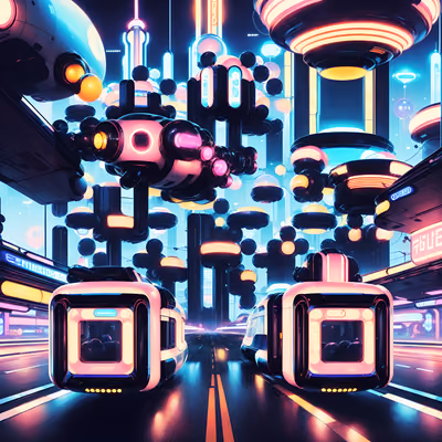 Retrofuturist Hovercar City Neon QR Code for Posters — image 1