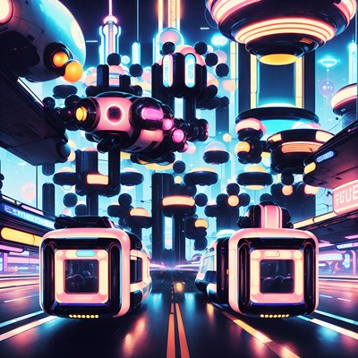 Retrofuturist Hovercar City Neon QR Code for Posters