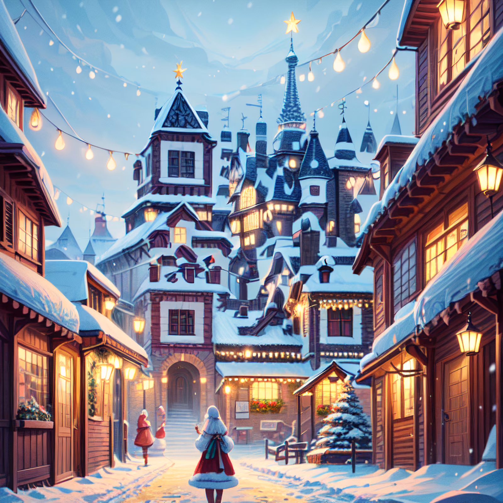 Snowy Christmas Village Digital Painting Street QR Code for Greeting Cards — image 1