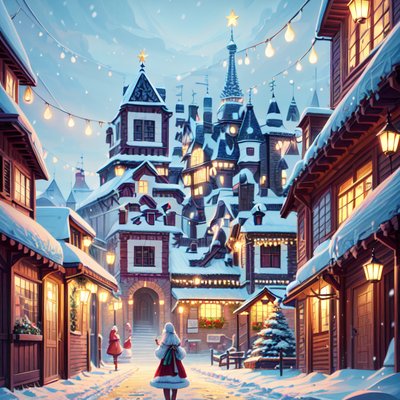 Snowy Christmas Village Digital Painting Street QR Code for Greeting Cards