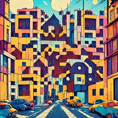 Colorful Comic City Street Building QR Code for Posters