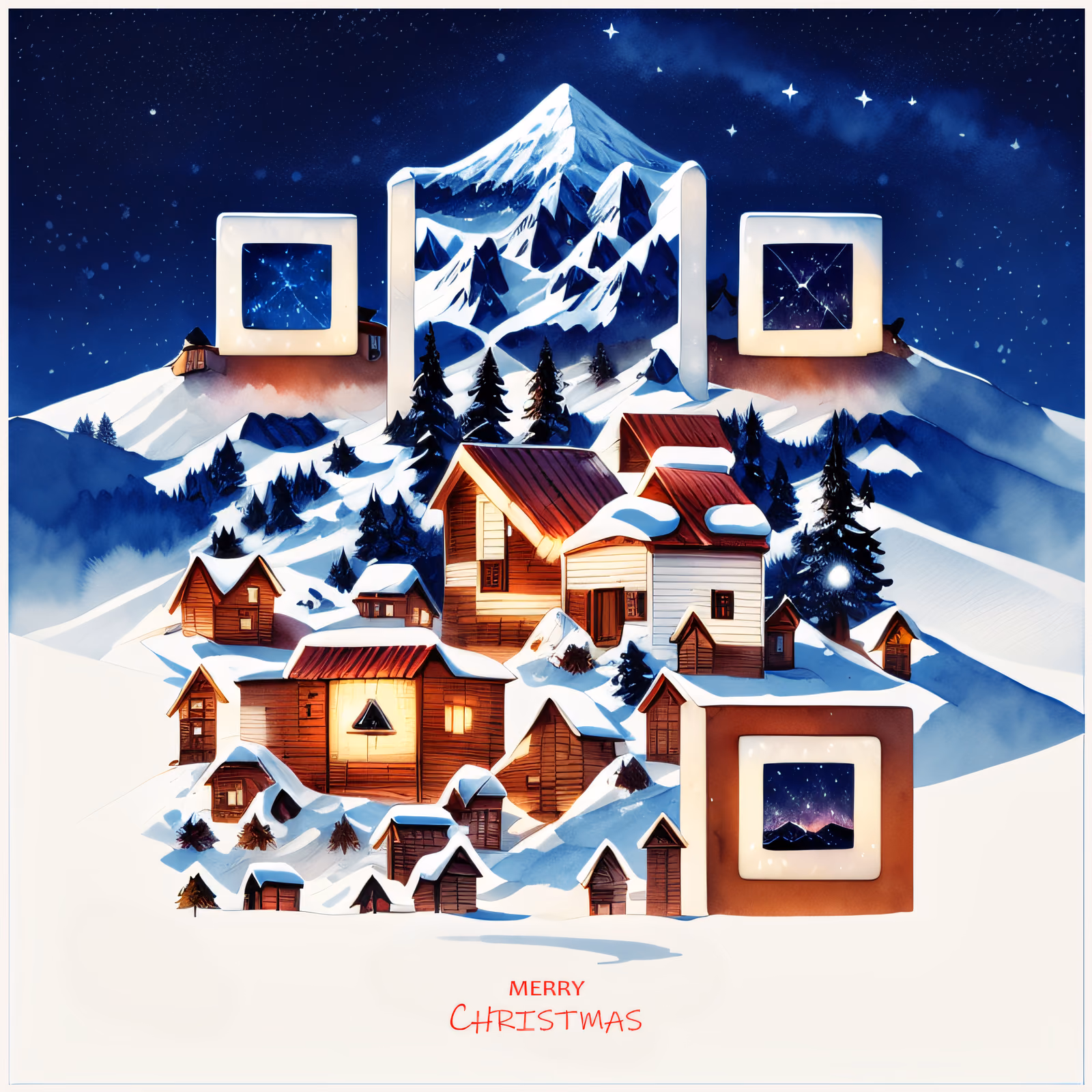 Snowy Mountain Village Watercolor QR Code for Greeting Cards — image 1