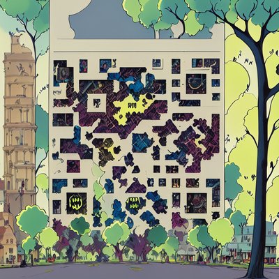 Комикс-сцена в парке с рекламным щитом, QR-код для постеров