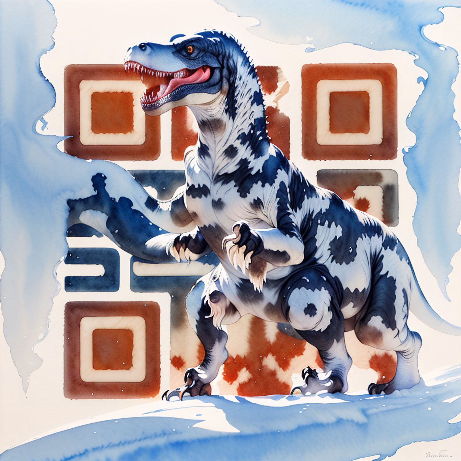 Snowy Tyrannosaurus Rex Watercolor QR Code Art — image 1