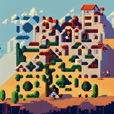 Pixel Art Hillside Town QR Code for Posters