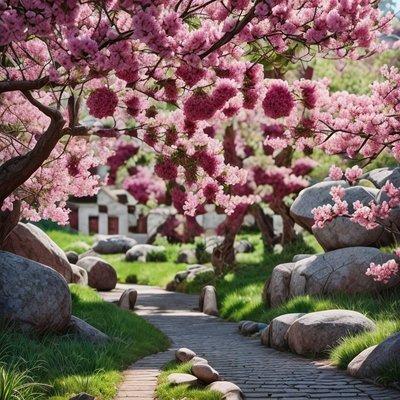 Cherry Blossom Garden Path Photo QR Code Art