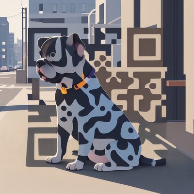 Bulldog on City Sidewalk Vector QR Code Art