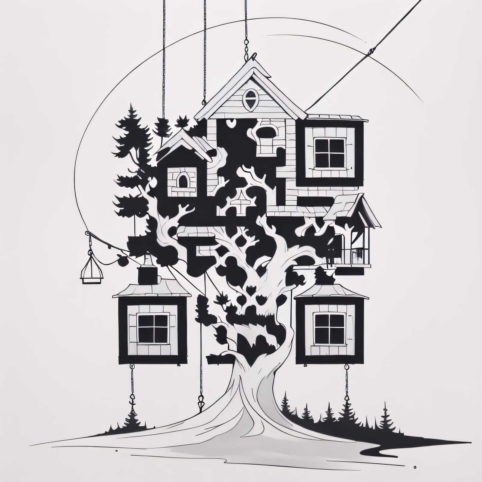 树屋水墨线描二维码艺术 — 图片 1