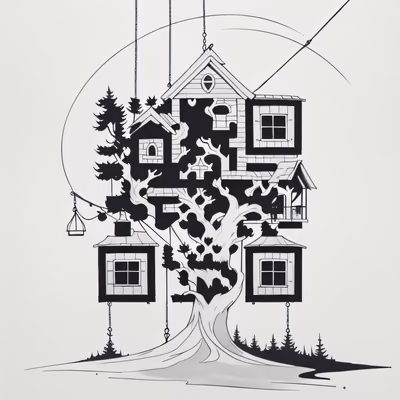 树屋水墨线描二维码艺术 — 图片 1