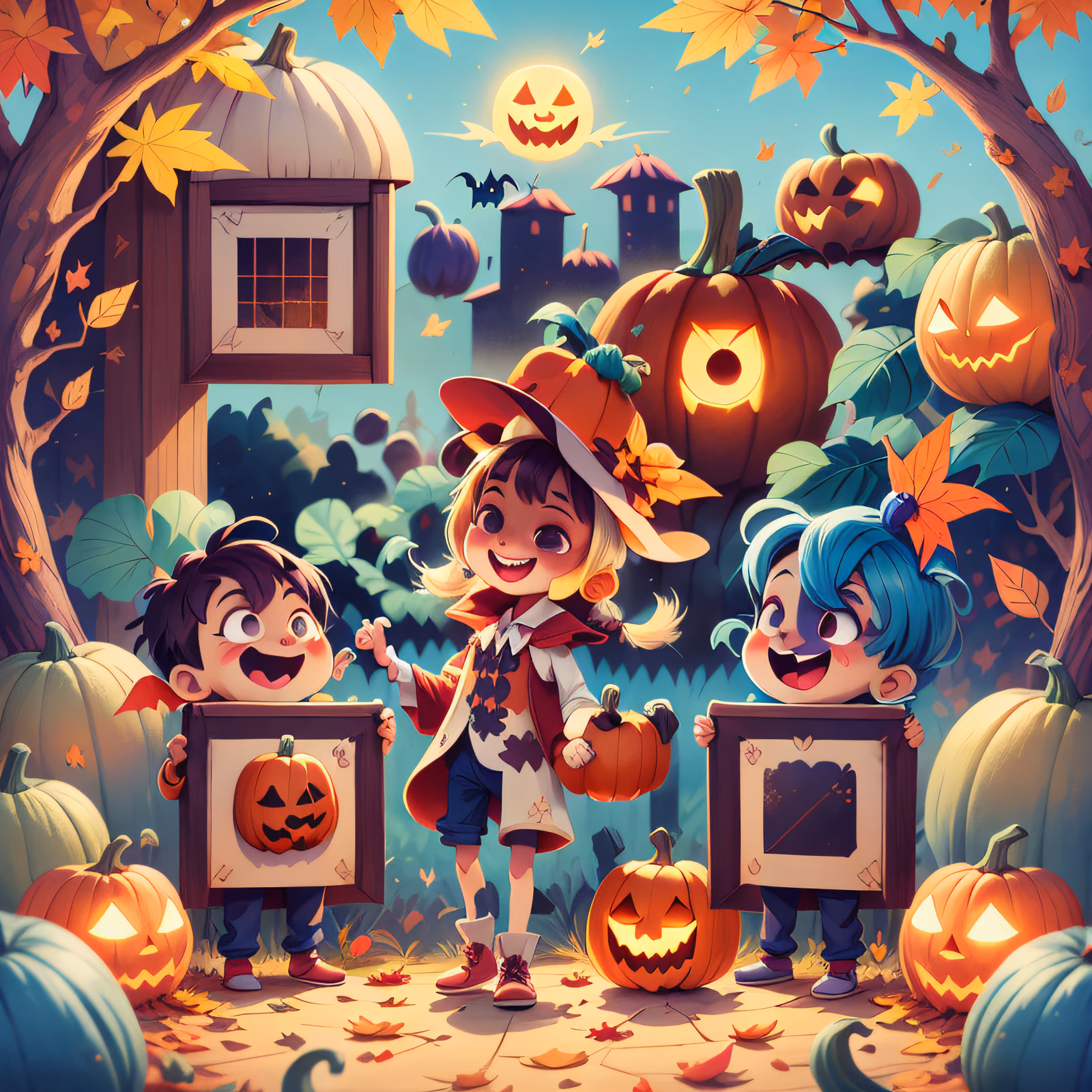 Kids in Pumpkin Patch Cartoon QR Code for Flyers — image 1