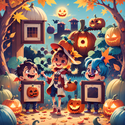 Kids in Pumpkin Patch Cartoon QR Code for Flyers — image 1