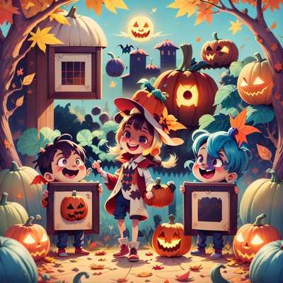 Kids in Pumpkin Patch Cartoon QR Code for Flyers