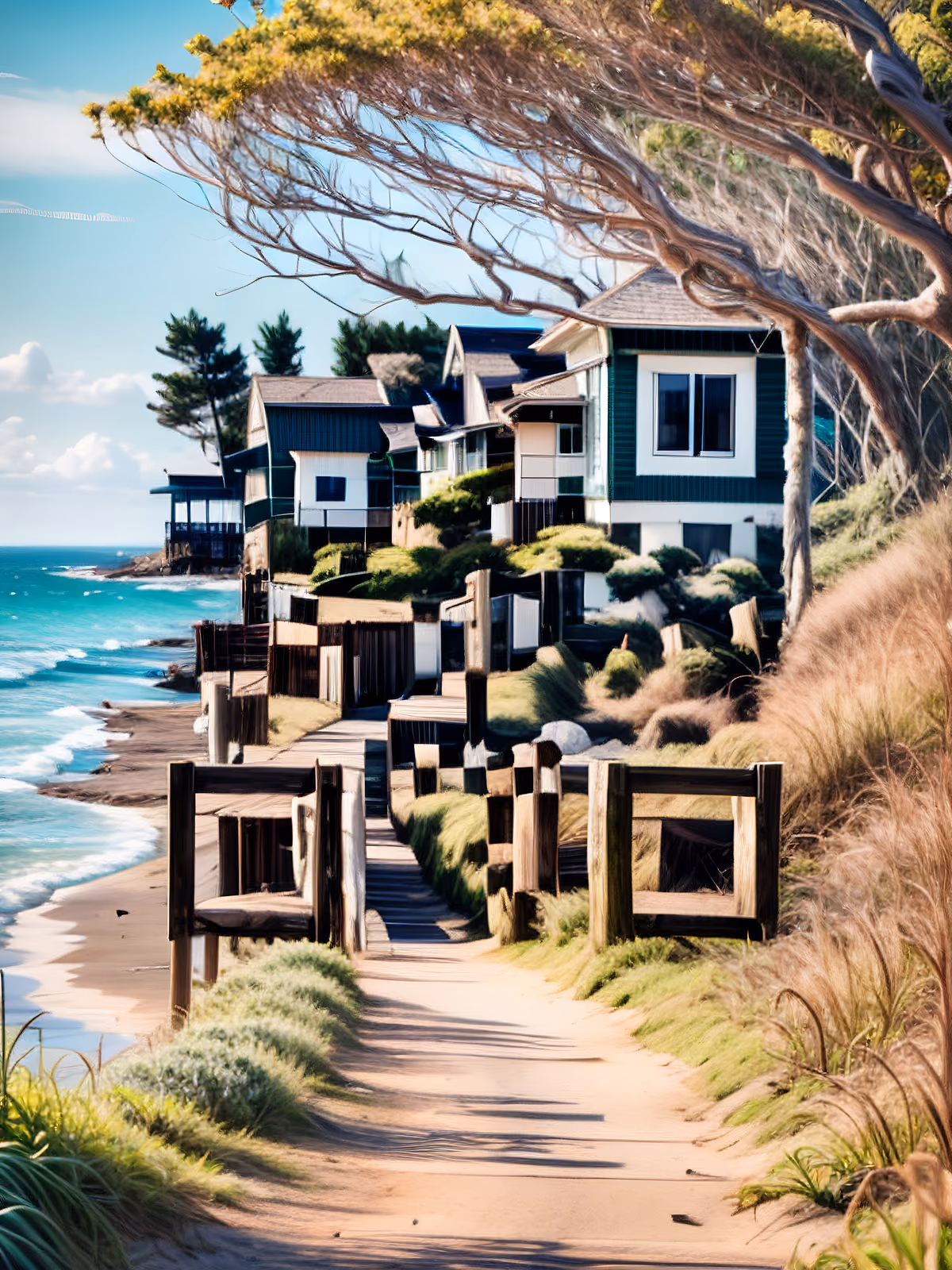 Фотореалистичный QR-код: прибрежная тропа к пляжным домикам — изображение 1