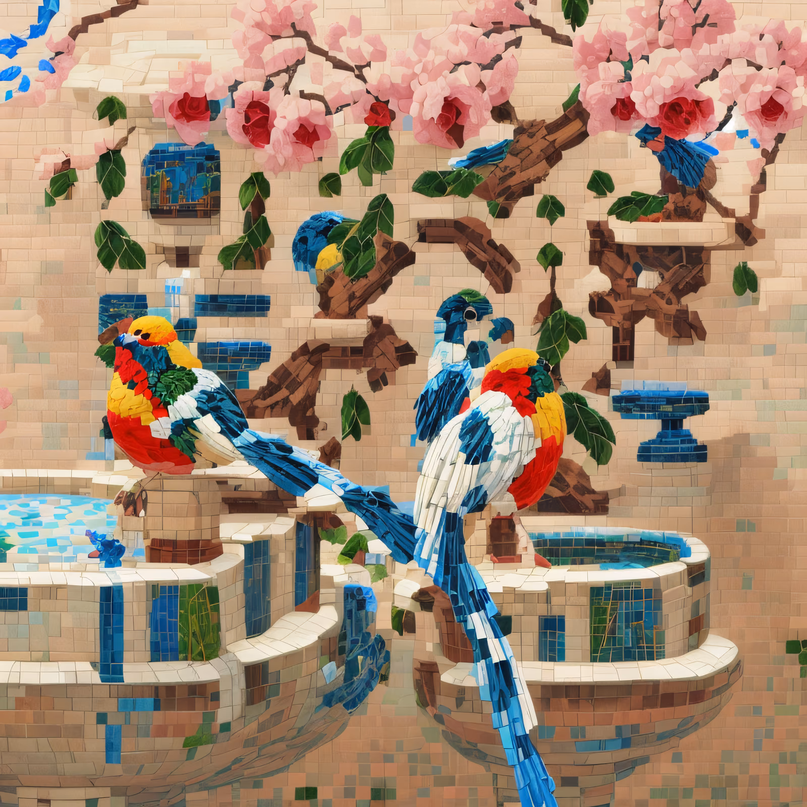 Mosaic Birds on Fountain Pixel QR Code Art — image 1