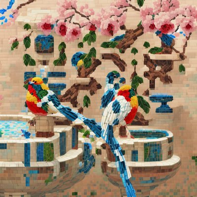 Mosaic Birds on Fountain Pixel QR Code Art