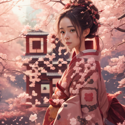 和服女子樱花绘画二维码艺术 — 图片 1