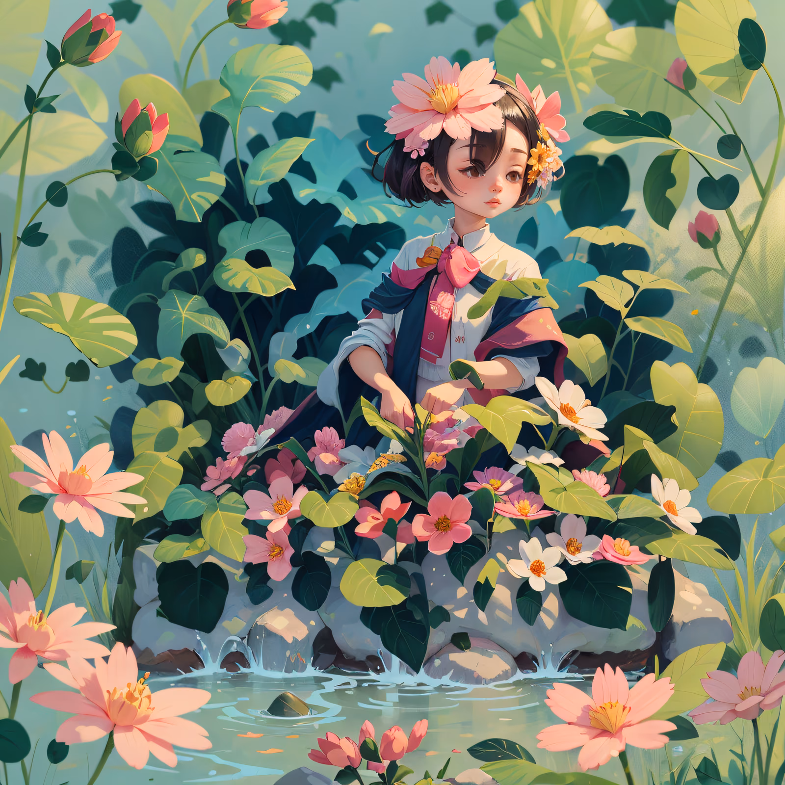Child Among Pink Flowers Painting QR Code Art — image 1