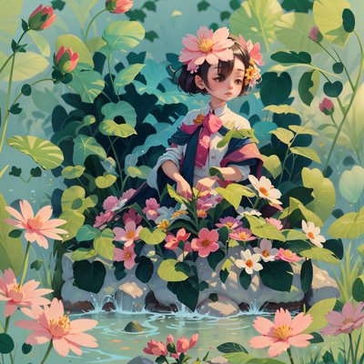 Child Among Pink Flowers Painting QR Code Art