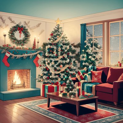 Christmas Living Room Comic Interior QR Code for Greeting Cards