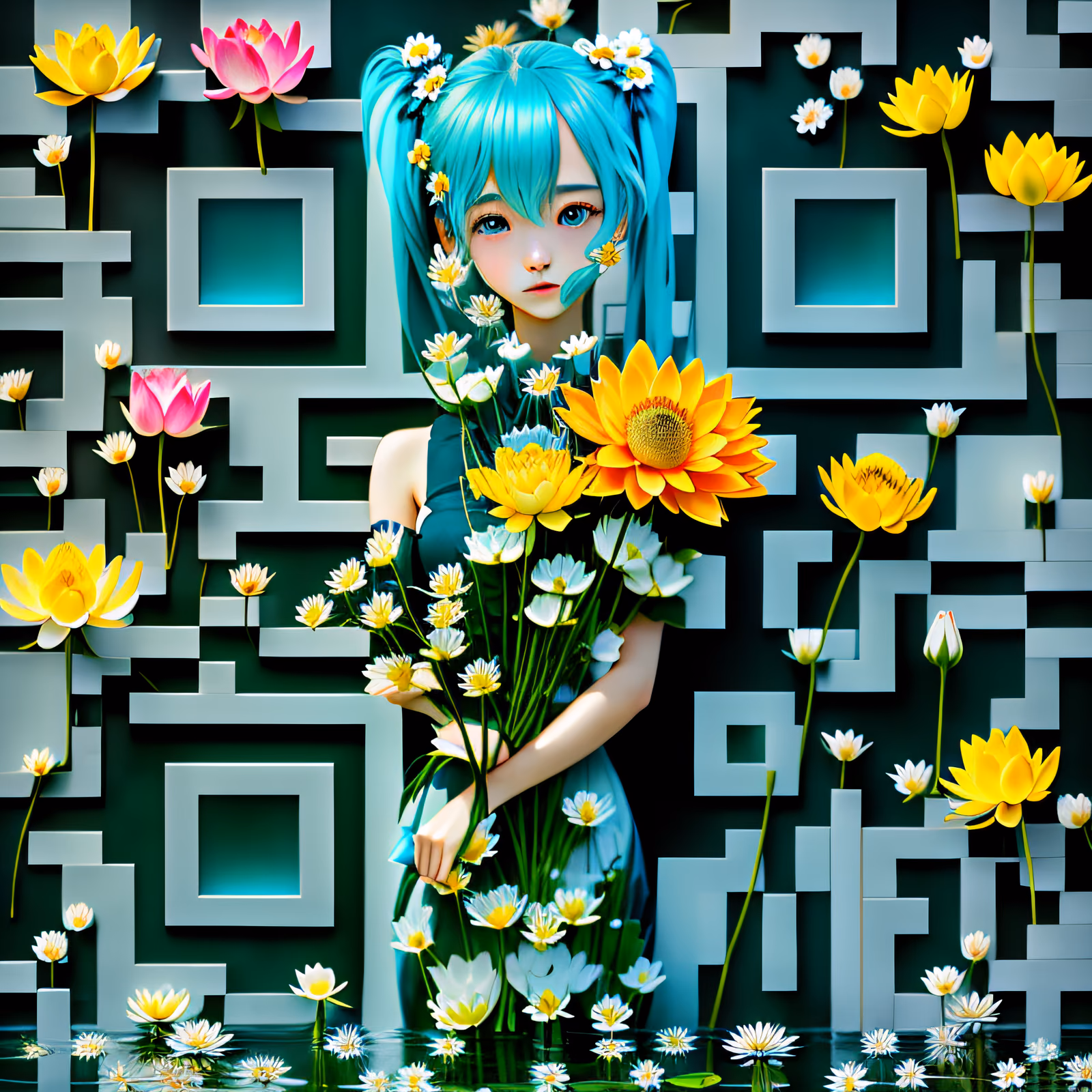 Anime Girl With Lotus Bouquet QR Code Art — image 1