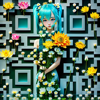 Anime Girl With Lotus Bouquet QR Code Art