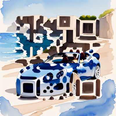 Blue Sports Car Cliff Watercolor QR Code for Posters — image 1