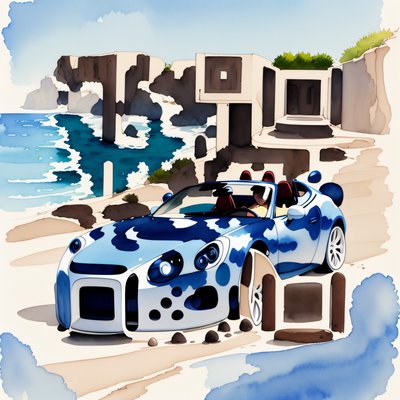 Blue Sports Car Cliff Watercolor QR Code for Posters