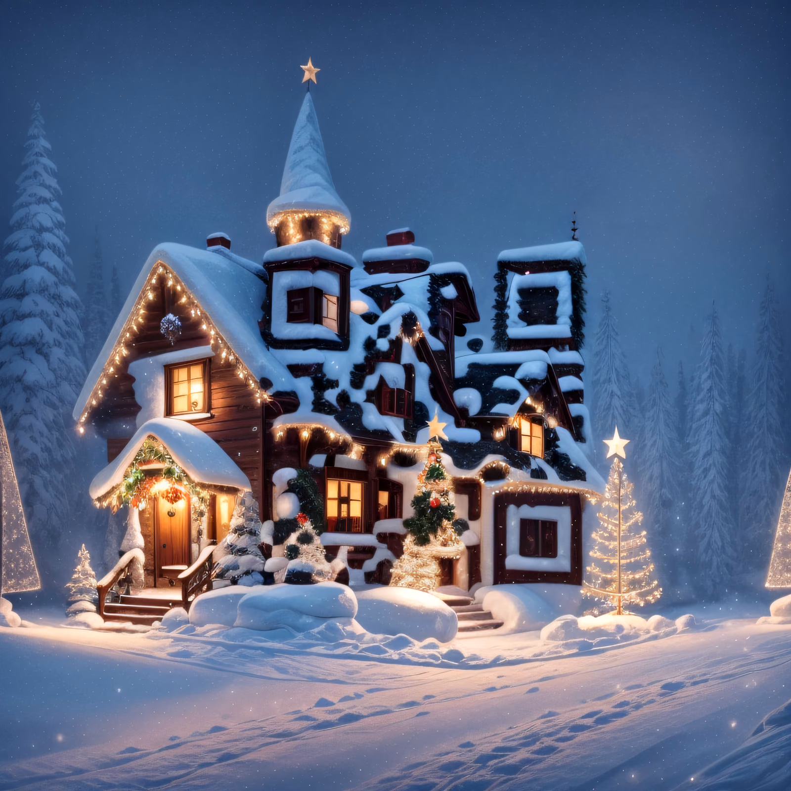 Заснеженный рождественский домик ночью, QR-код для открыток — изображение 1