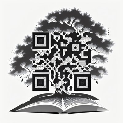 QR-код с чернильным деревом и раскрытой книгой для обложек книг