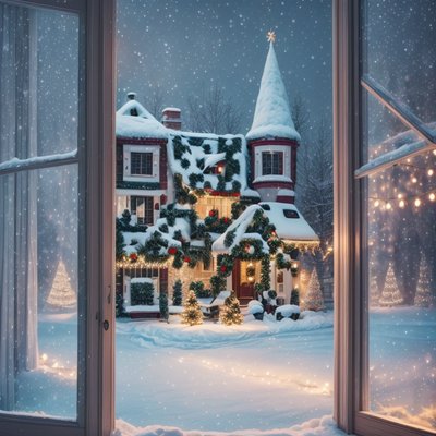 Заснеженный рождественский дом, цифровая живопись: QR-код в окне для открыток