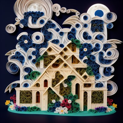 Quilled Paper House Under Moon QR Code Art