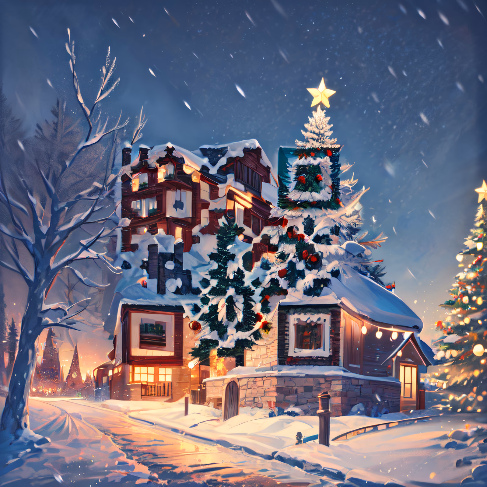 Snowy Christmas Village Digital Painting QR Code for Greeting Cards — image 1