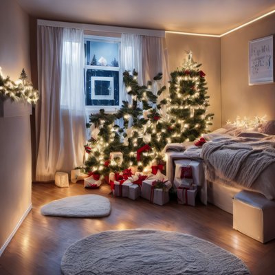Christmas Tree Bedroom Interior QR Code for Greeting Cards