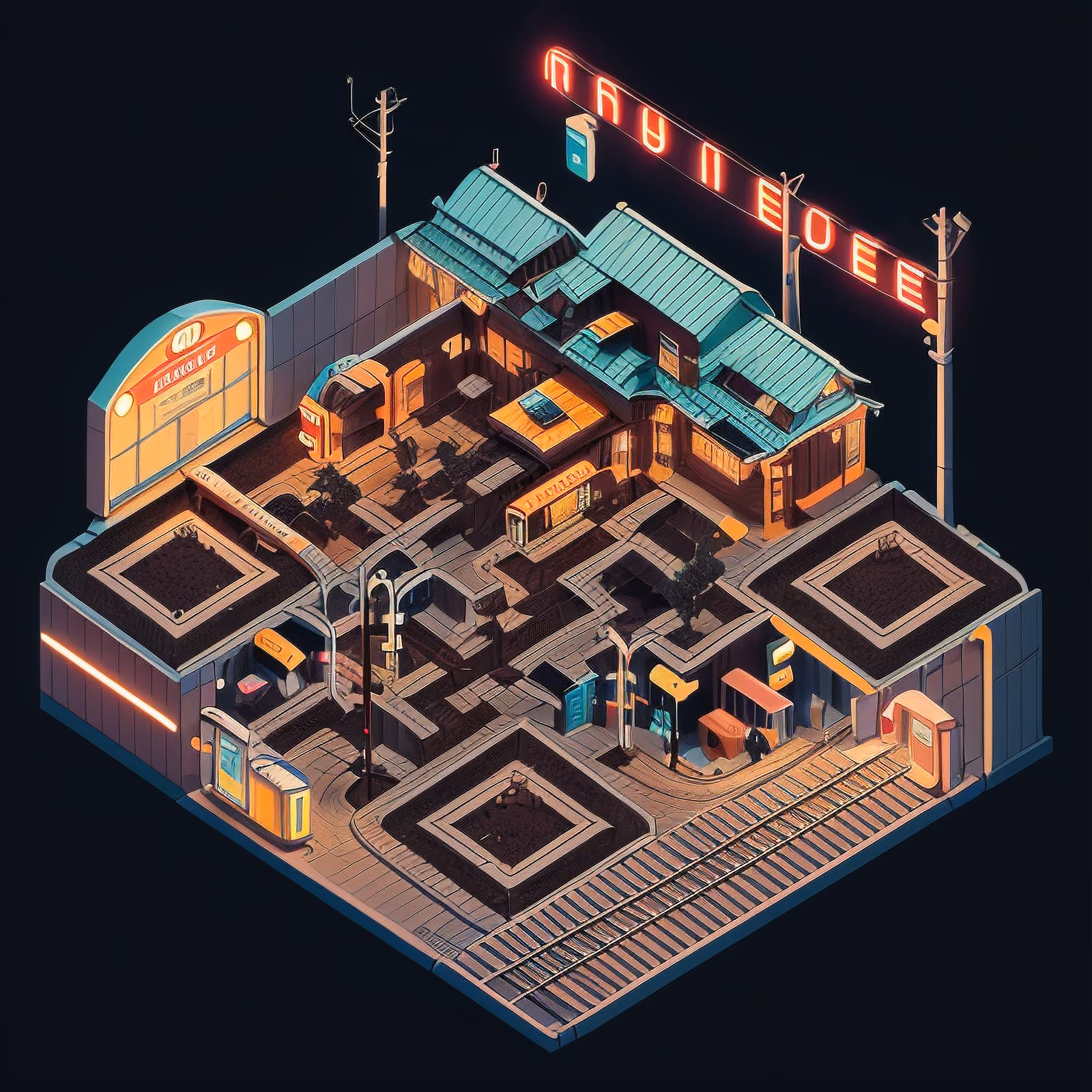 Isometric Night Train Station Retro QR Code for Posters — image 1
