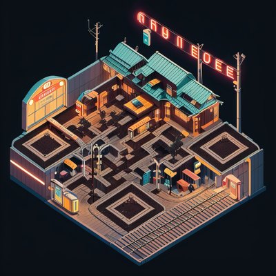 Isometric Night Train Station Retro QR Code for Posters