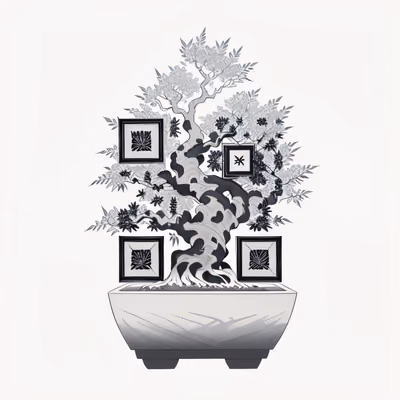 盆景树墨线绘叶片二维码艺术 — 图片 1