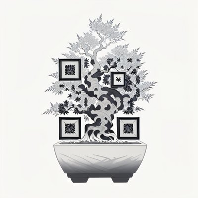 Bonsai Tree Ink Drawing Leaves QR Code Art