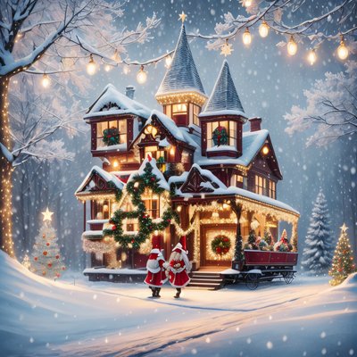Victorian Christmas Mansion Snow Scene QR Code for Greeting Cards