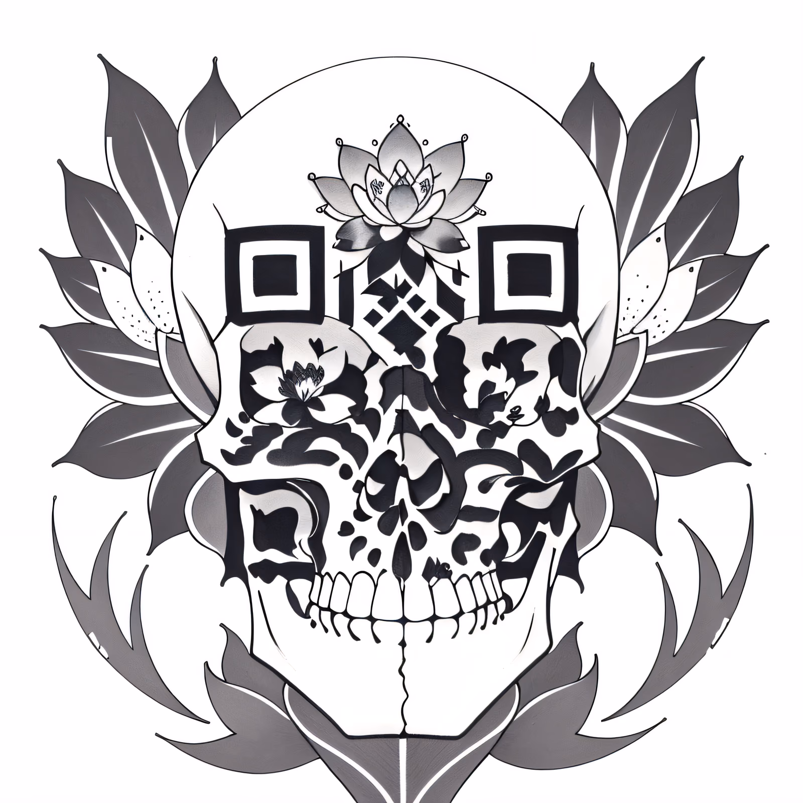 莲花骷髅纹身墨迹二维码艺术,适用于临时纹身贴 — 图片 1