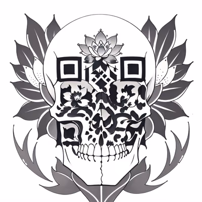 莲花骷髅纹身墨迹二维码艺术,适用于临时纹身贴 — 图片 1
