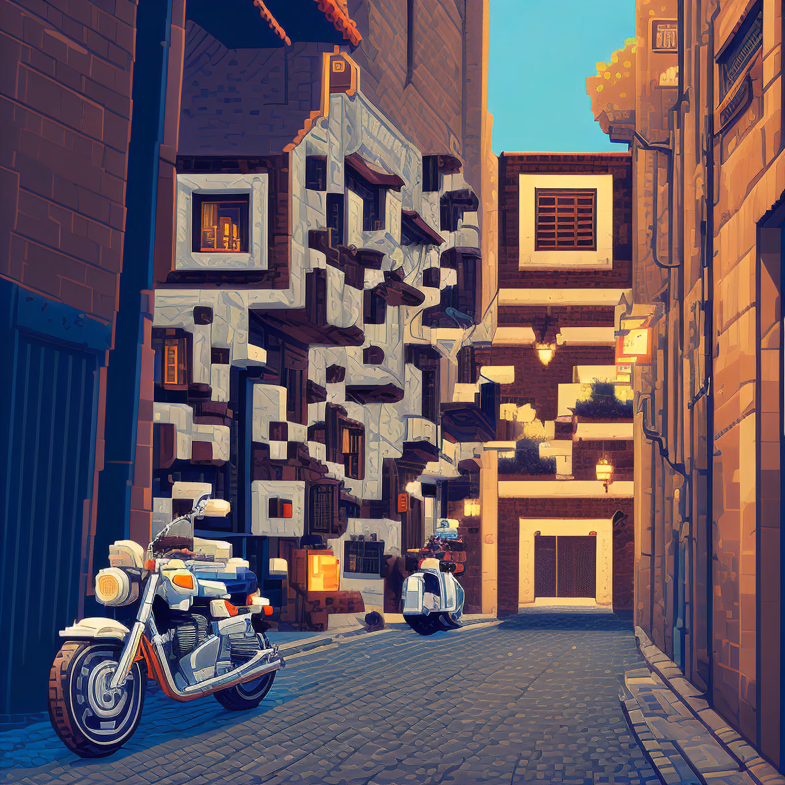 Пиксельный переулок с мотоциклом: QR-код арт — изображение 1