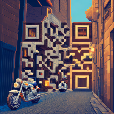 Пиксельный переулок с мотоциклом: QR-код арт — изображение 1