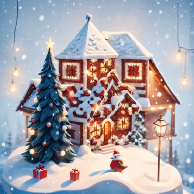 Snowy Christmas Cottage 3D Bird QR Code for Greeting Cards — image 1