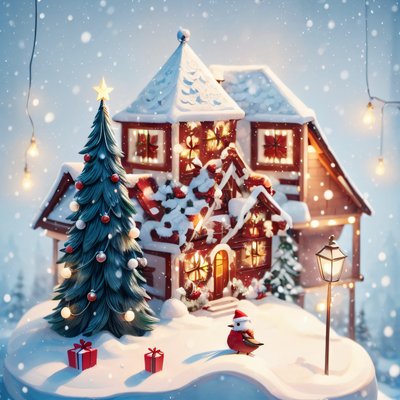Snowy Christmas Cottage 3D Bird QR Code for Greeting Cards