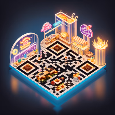Isometric Food Court Diorama QR Code for Restaurant Menus — image 1