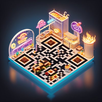 Isometric Food Court Diorama QR Code for Restaurant Menus