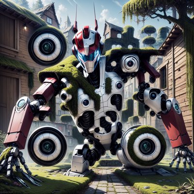 Гигантский робот в мху в деревне: QR-код для постеров