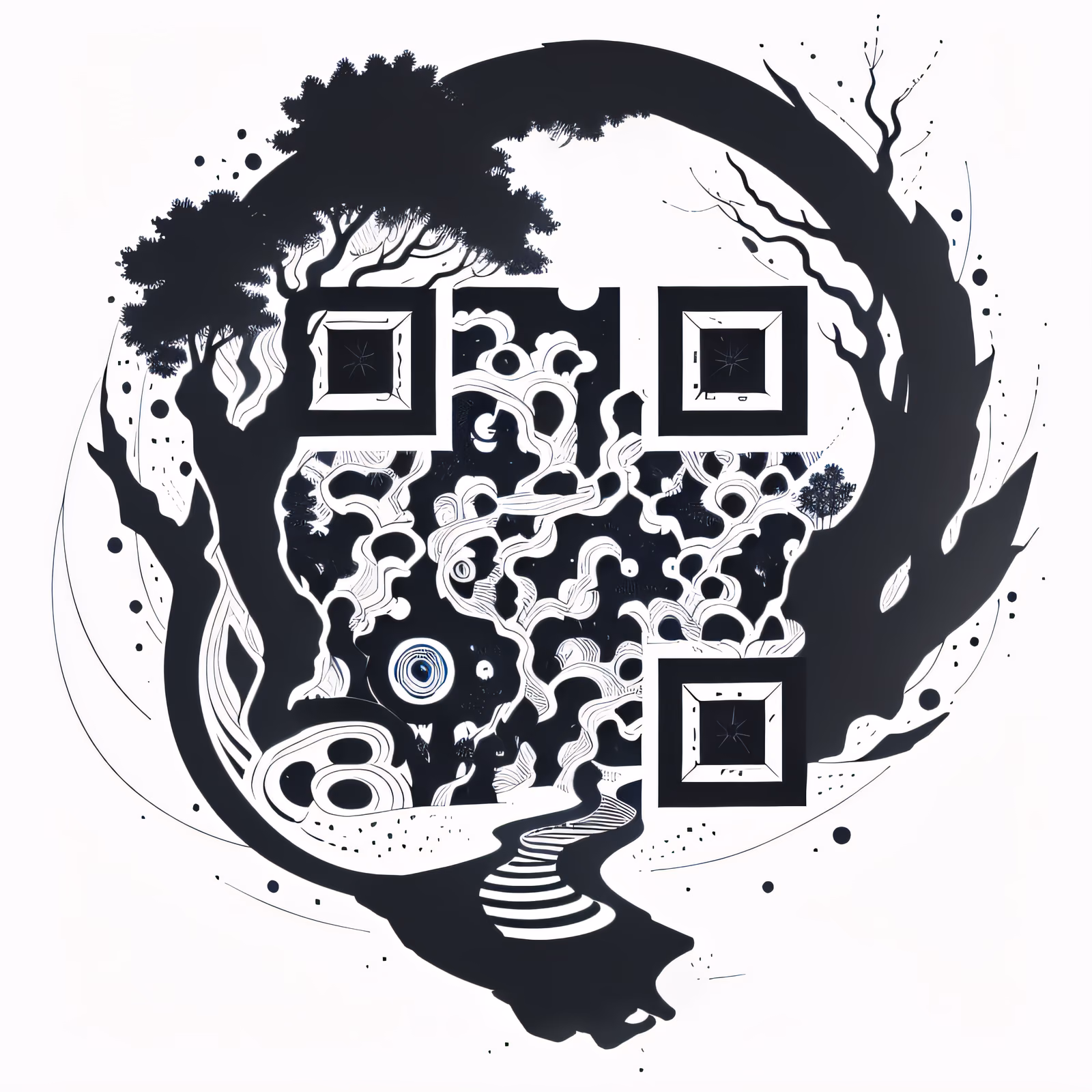 魔法森林墨色剪影二维码艺术,适用于临时纹身 — 图片 1