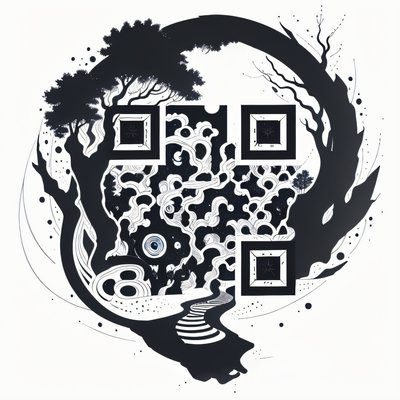 QR-код с волшебным лесом в виде чернильных силуэтов для временных тату