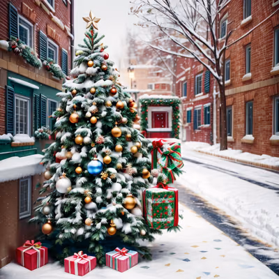 Snowy Street Christmas Tree Painting QR Code for Greeting Cards — image 1